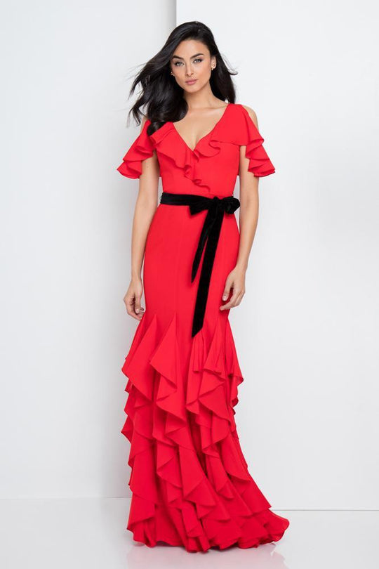 Terani Couture - 1722E4242 V-Neck Ruffled Detail Evening Dress in Red and Black