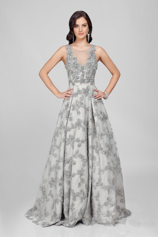 Terani Couture - Eccentric Floral Accented Illusion Neck A-line Gown Couture1722E4249 in Silver