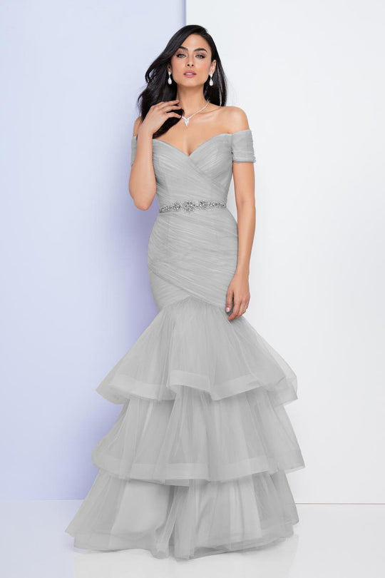 Terani Couture - 1722E4251 Shirred Off-Shoulder Tiered Gown in Silver