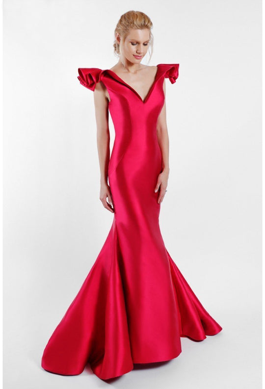Terani Couture - 1722M4356 Ruffled Cap Sleeves V-Neck Mermaid Gown in Red