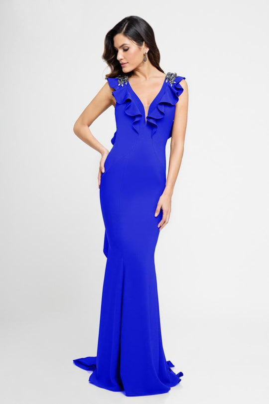Terani Couture - 1723E4263 V Neck with Ruffled Back Evening Gown in Blue