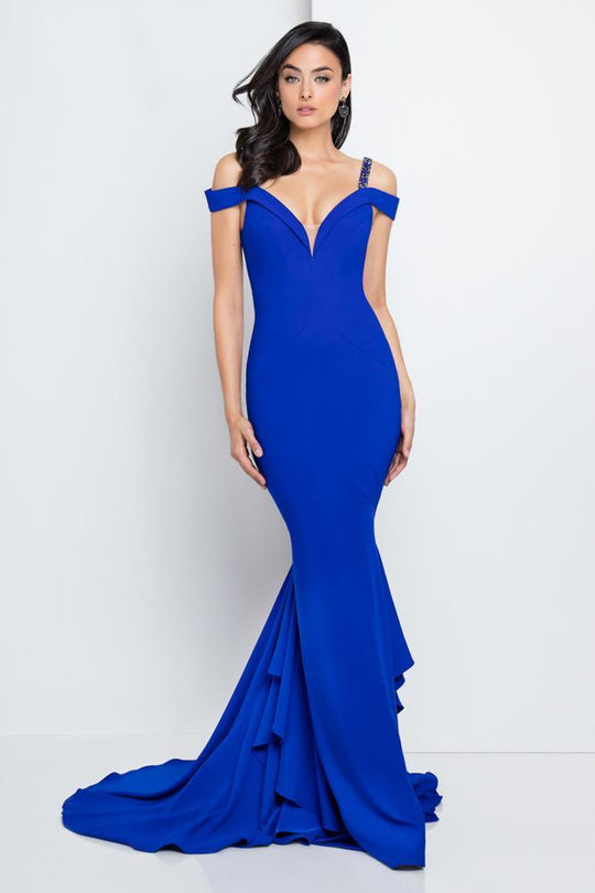 Terani Couture Beaded Straps Off-Shoulder Evening Gown 1723E4264 In Blue