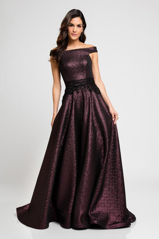 Terani Couture - 1723E4265 Glossy Shine Off Shoulder Evening Gown in Purple and Black