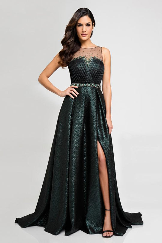 Terani Couture - 1723E4268 Beaded Illusion Metallic Evening Gown in Green and Black