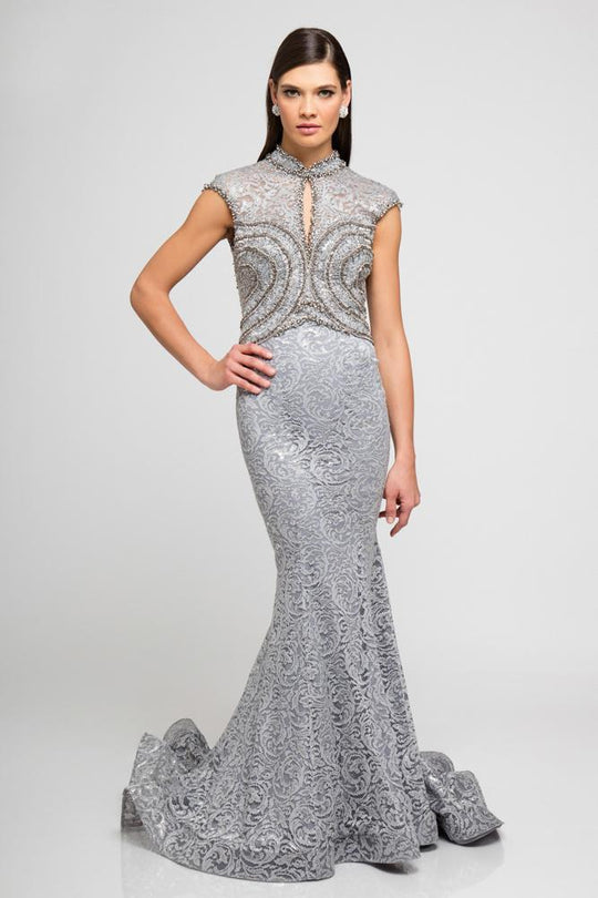 Terani Couture - 1723E4285 Beaded Collar Embroidered Evening Gown in Silver