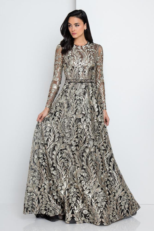 Terani Couture - 1723E4286 Gilded Leaf Embroidered Evening Gown in Black and Gold and Neutral