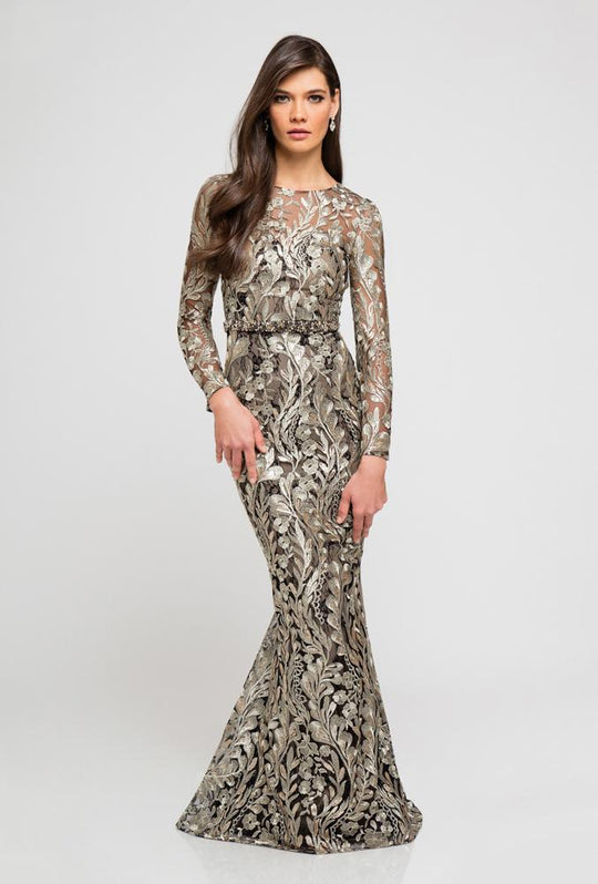 Terani Couture - 1723E4289 Long sleeves Gilded Leaves Embroidered Gown in Black and Gold and Neutral
