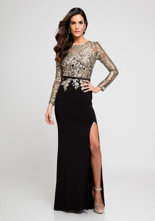Terani Couture - Embellished Jewel Neck Sheath Dress 1723E4290W in Black Silver and Neutral