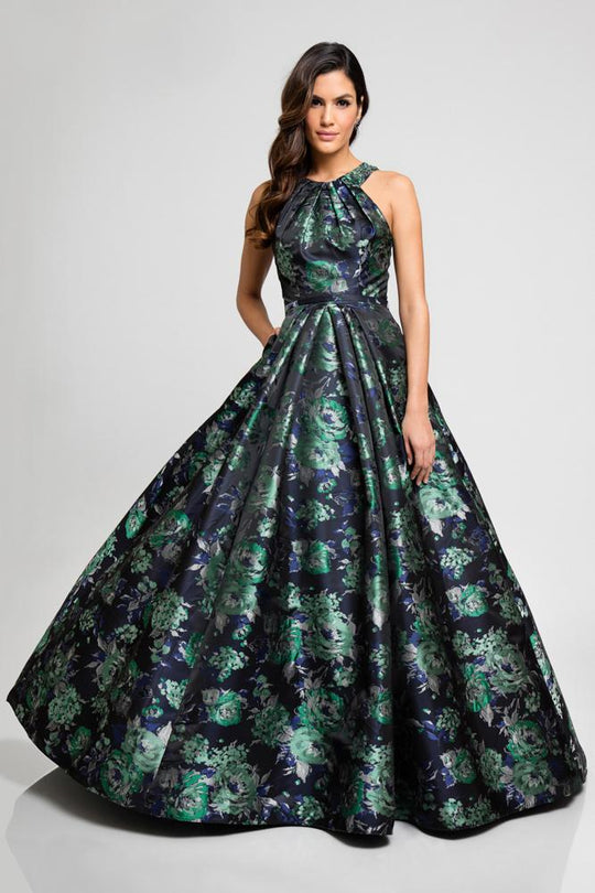 Terani Couture - 1723E4294 Floral Halter Pleated Evening Gown in Green and Multi-color
