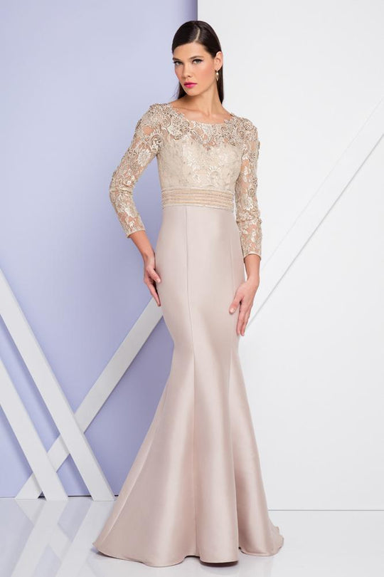 Terani Couture - 1723M4407 Long sleeve Lace Illusion Evening Dress in Neutral