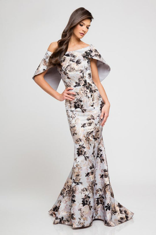 Terani Couture - 1723M4418 Wide Off Shoulder Floral Evening Dress in Silver and Multi-color