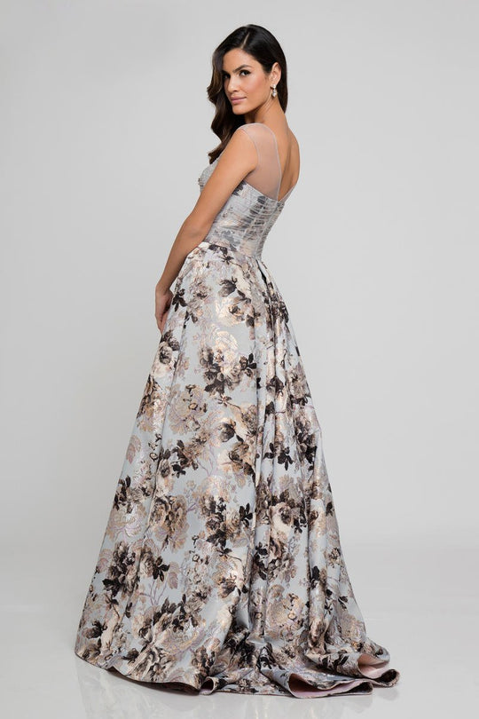 Terani Couture - 1723M4619 Floral Printed Illusion Evening Dress in Silver and Multi-color