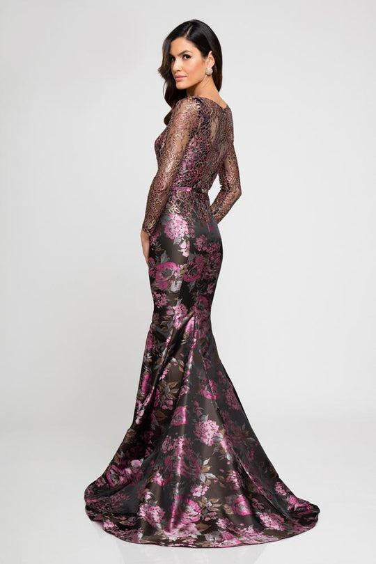Terani Couture - 1723M4620 Long sleeve Floral Print Evening Dress in Red and Multi-color