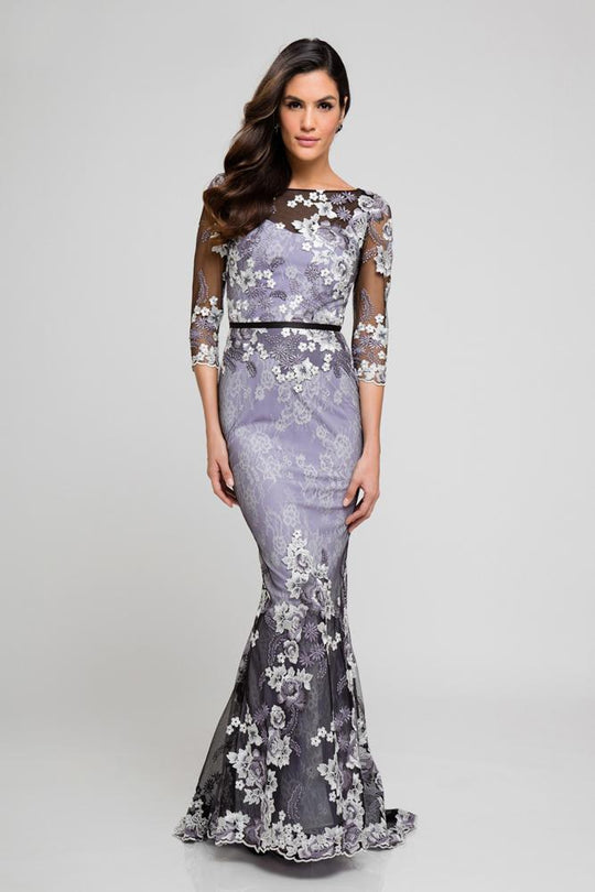 Terani Couture - 1723M4634 Sheer Quarter Sleeve Floral Evening Dress in Black and Purple