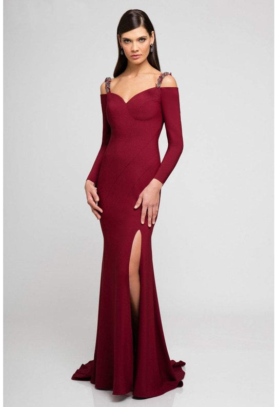 Terani Couture - 1723E4502 Cold Shoulder Long Sleeve Sheath Gown in Red