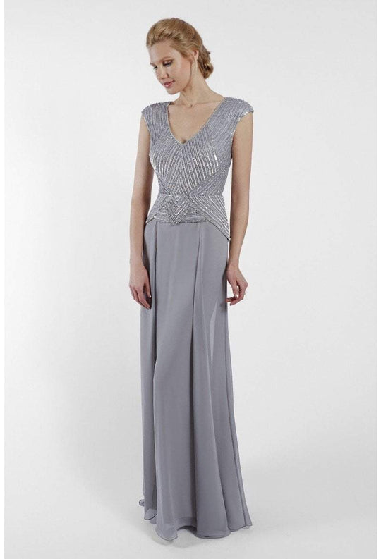 Terani Couture - 1723M4390 Embellished V-neck A-line Dress With Train In Gray