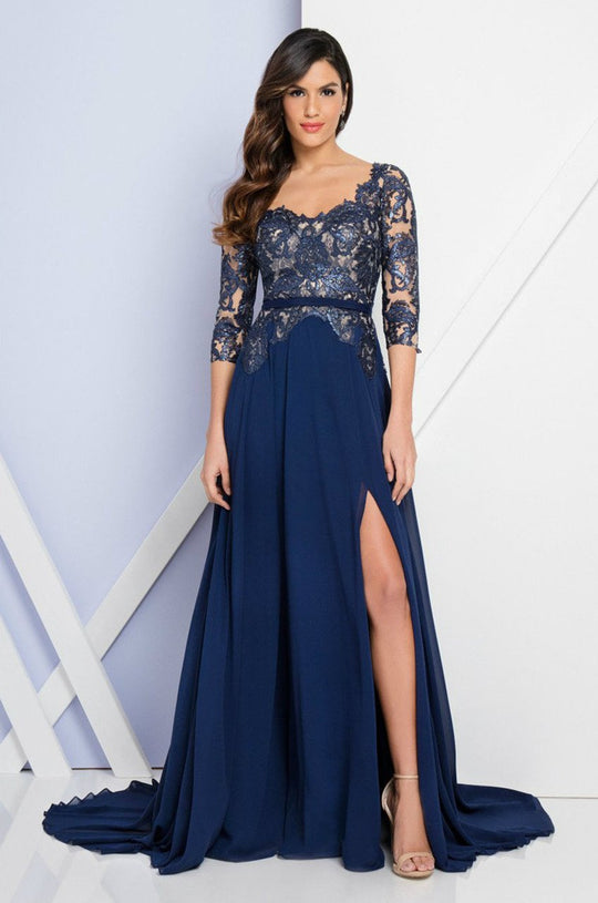 Terani Couture - 1723M4393 Laced Scoop Neck A-Line Dress in Blue and Neutral