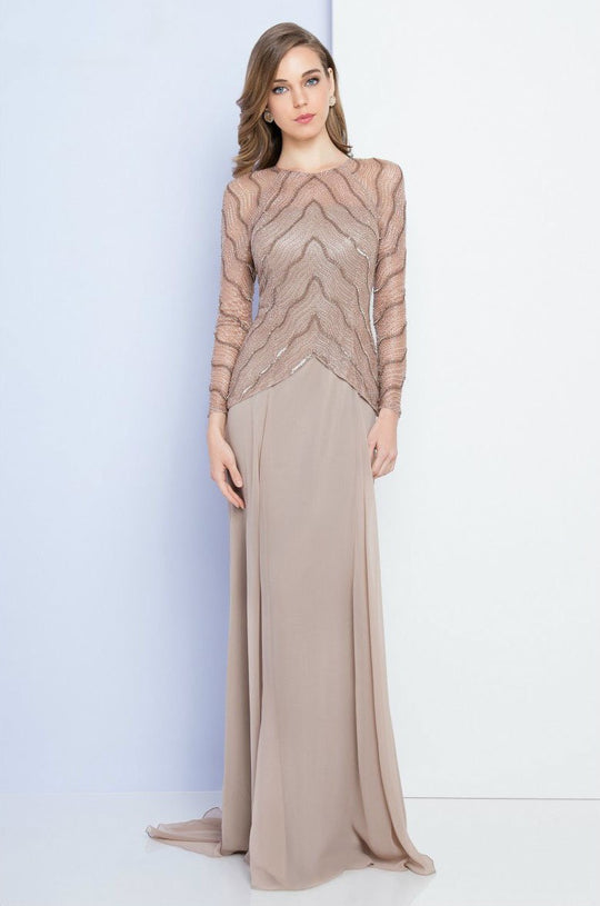 Terani Couture - 1723M4630 Embellished Illusion Jewel A-line Dress in Brown