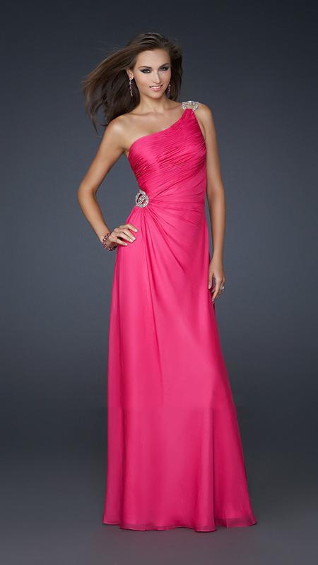 La Femme - One Shoulder Asymmetric Ruched Chiffon A-line Gown 17259 In Pink