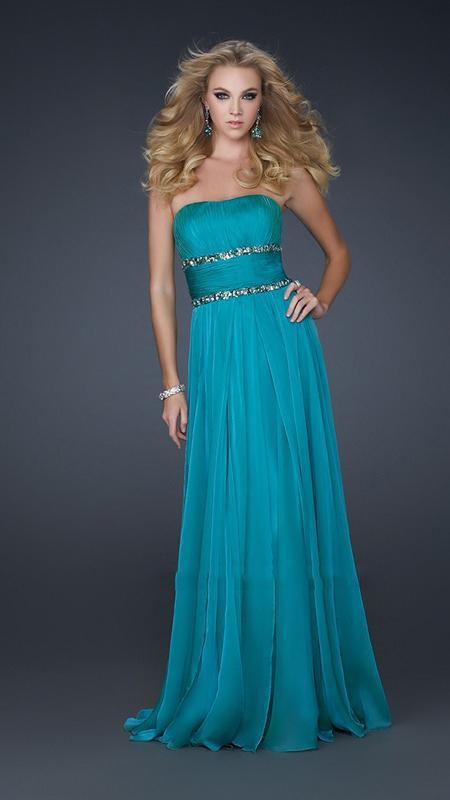 La Femme - Ruched and Beaded Straight Neck A-line Dress 17264 In Green