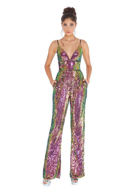 Ashley Lauren - 1726 Allover Sequin Sleeveless V Neck Jumpsuit In Black and Multi-Color
