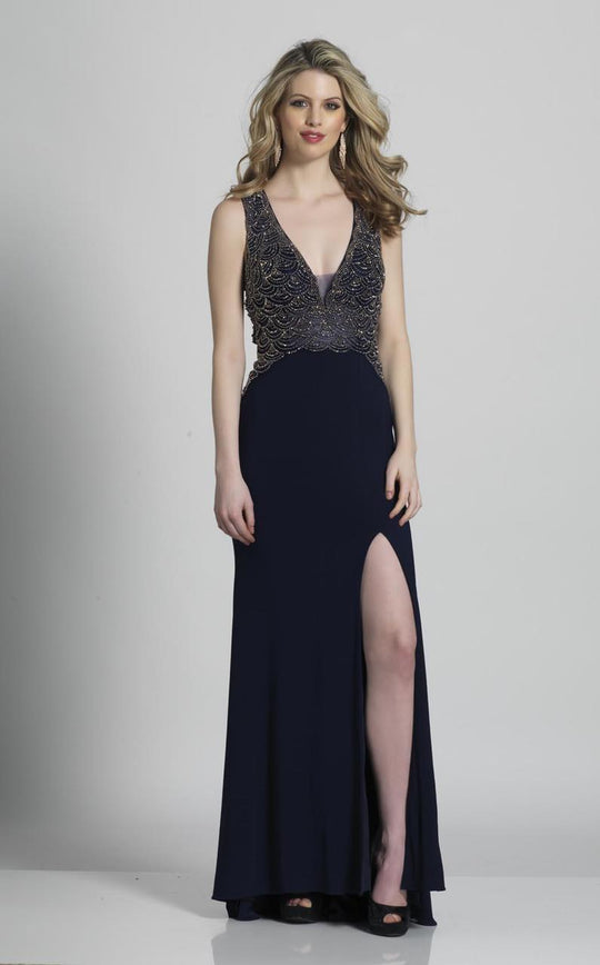 Dave & Johnny - 1729 Scallop Motif Plunging Sheath Gown in Blue