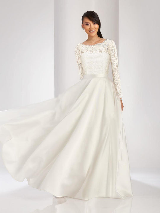 Clarisse - 3490 Long Sleeves Sheath with A-Line Overskirt Dress in White