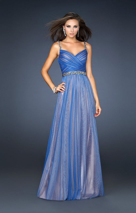 La Femme - 17324 Beaded Spaghetti Straps A-line Gown In Blue and Neutral
