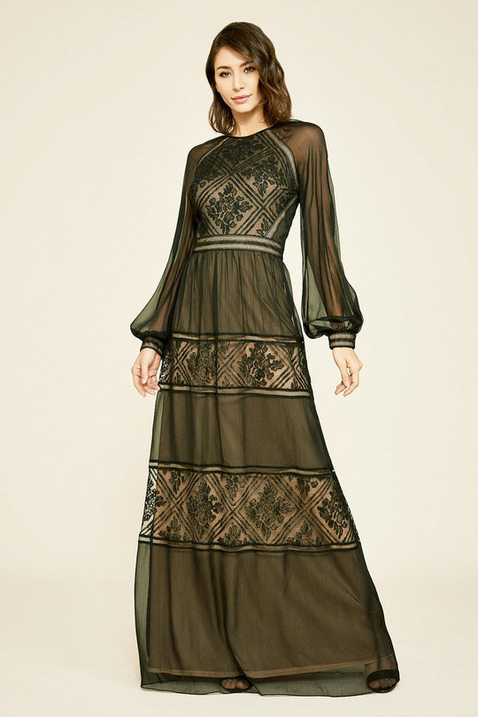 Tadashi Shoji - Embroidered Bishop Sheer Sleeves Long Dress In Black and Neutral