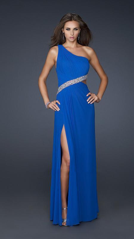 La Femme - Finely-Creased Asymmetrical Cutout Sheath Gown 17445 In Blue