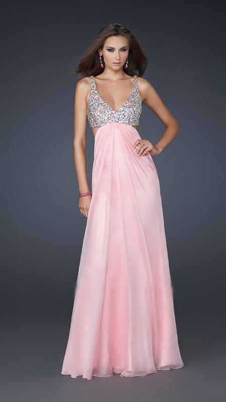 La Femme - Bead Embellished V-neck Chiffon A-line Dress 17472 In Pink