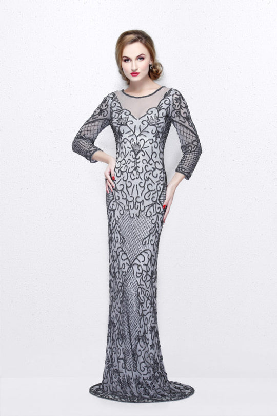 Primavera Couture - Long Fitted Sequined Dress  1749 in Gray