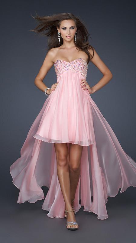 La Femme - 17502 Beaded Sweetheart High-Low Chiffon A-line Gown in Pink