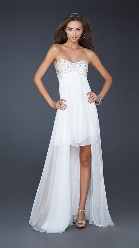 La Femme - Beaded Sweetheart High-Low Chiffon A-line Gown 17502 In White