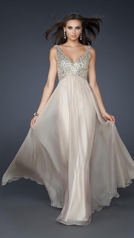 La Femme - Sequined V-Neck Chiffon A-line Gown 17514 In Neutral