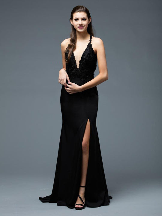 Colors Dress - 1755 Plunging Halter Embellished Lace Trumpet Dress - 2 pcs Black in size 6 Available