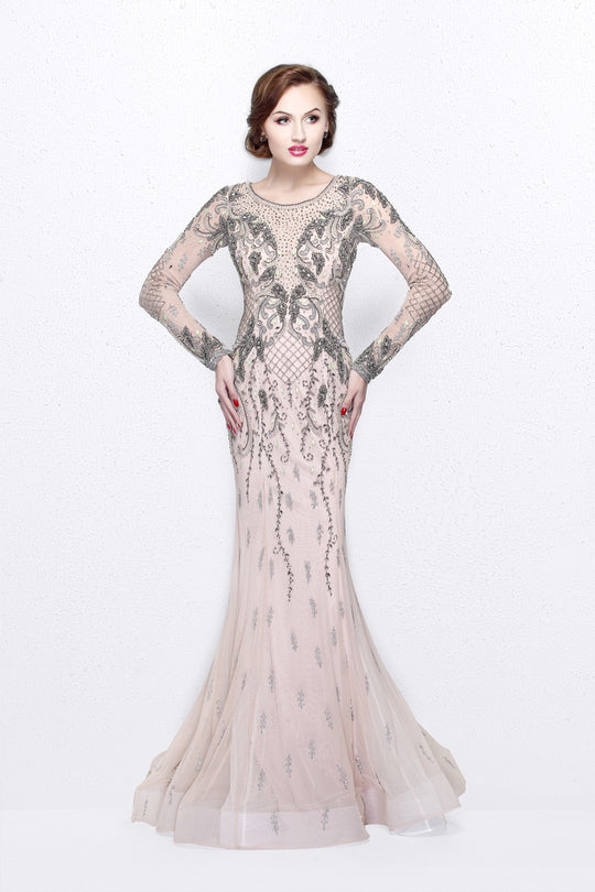 Primavera Couture - Lavishly Adorned Bateau Mermaid Gown 1756 in Neutral