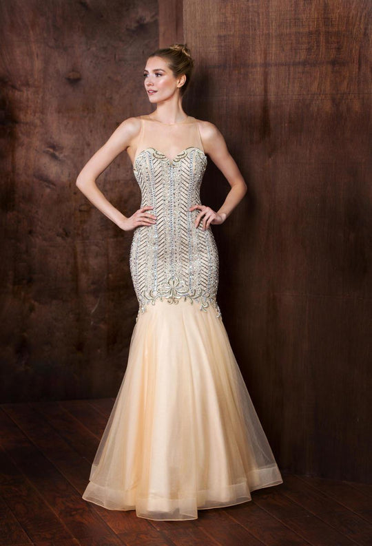 Colors Dress - 1756 Beaded Illusion Long Gown in Neutral