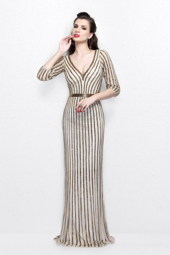 Primavera Couture - Quarter Sleeves V-Neck Stripes Long Dress 1758 in Nude