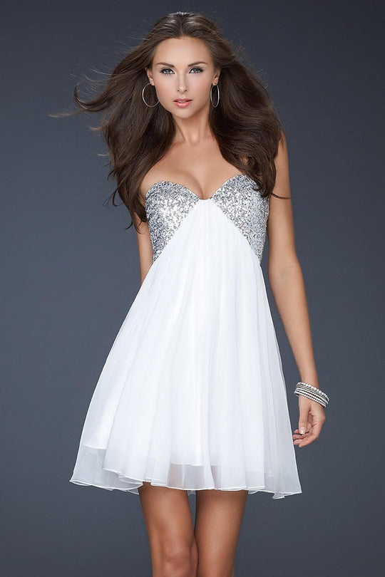 La Femme - Strapless Sequined Sweetheart Mini Party  Dress 17649 In White and Silver