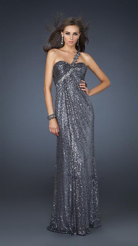 La Femme - Brilliant Sequined One-Shoulder Sheath Empire Gown 17697 In Gray
