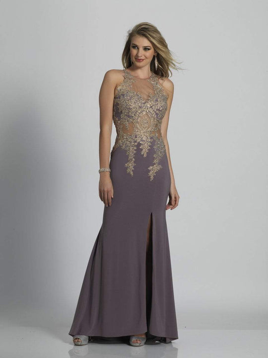 Dave & Johnny - 1769 Illusion Halter Lace High Slit Gown in Gray and Purple