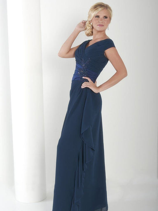 Christina Wu Elegance - 17735 Pleated Bodice V Neckline Surplice Gown in Blue