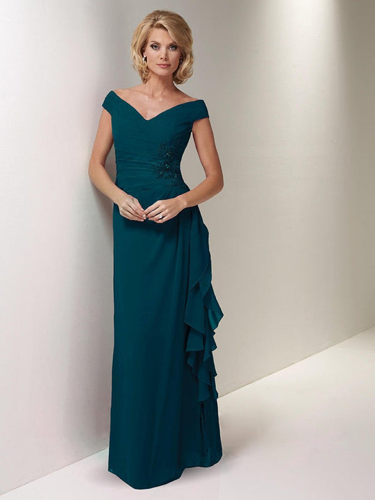 Christina Wu Elegance - 17718 Bedazzled Off-Shoulder Shirred Gown in Green