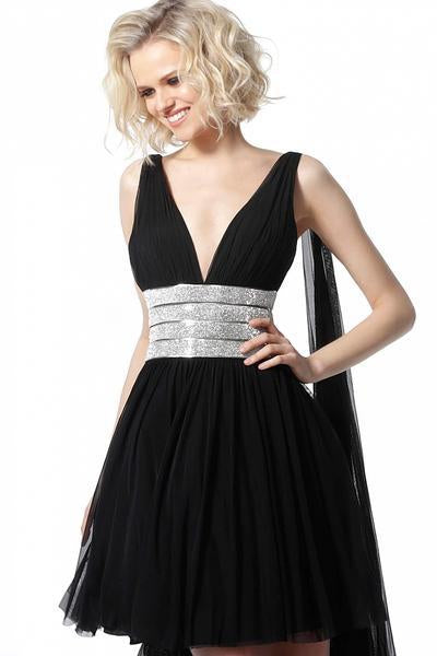 Jovani - 2114 Embellished Waist Backless Cocktail Dress In Black