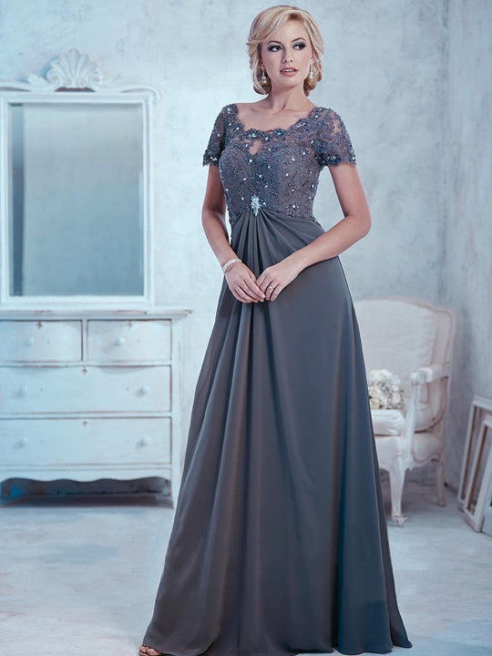 Christina Wu Elegance - 17769 Short Sleeve Jeweled Lace Draped Gown in Gray