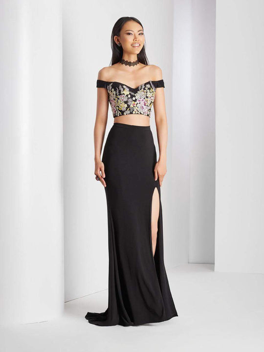 Clarisse - 3556 Off Shoulder Floral Two Piece Dress in Black and Multi-Color
