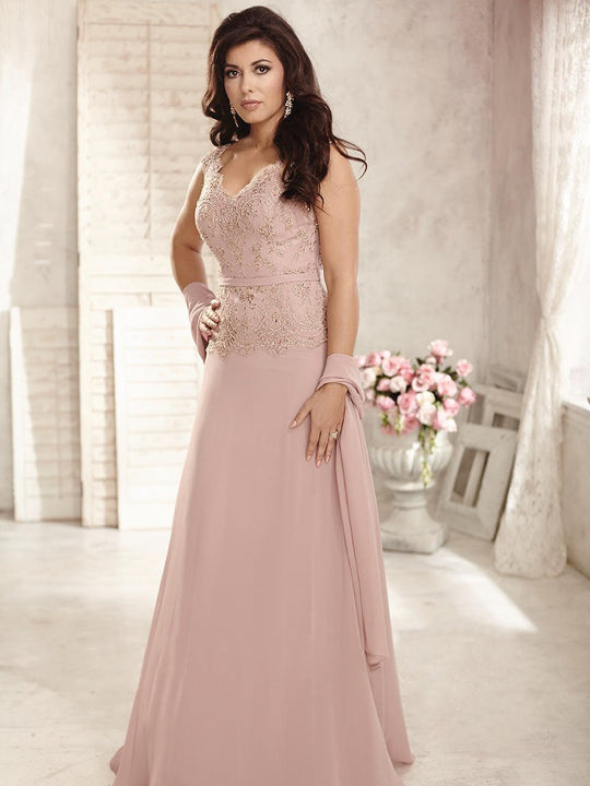 Christina Wu Elegance - 17796 Beaded Lace Scalloped Vneck Chiffon Gown in Pink