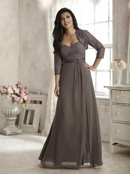 Christina Wu Elegance - 17800 Surplice Lace Bodice High Slit Gown in Gray