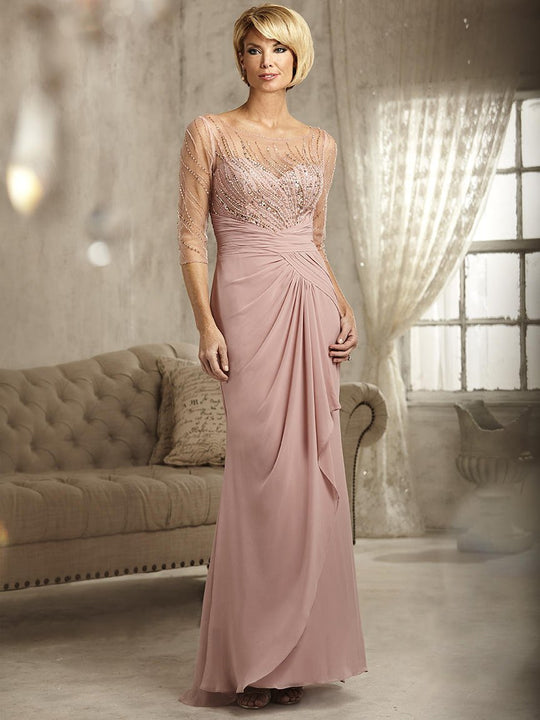 Christina Wu Elegance - 17818 Beaded Illusion Bateau Chiffon Dress in Pink